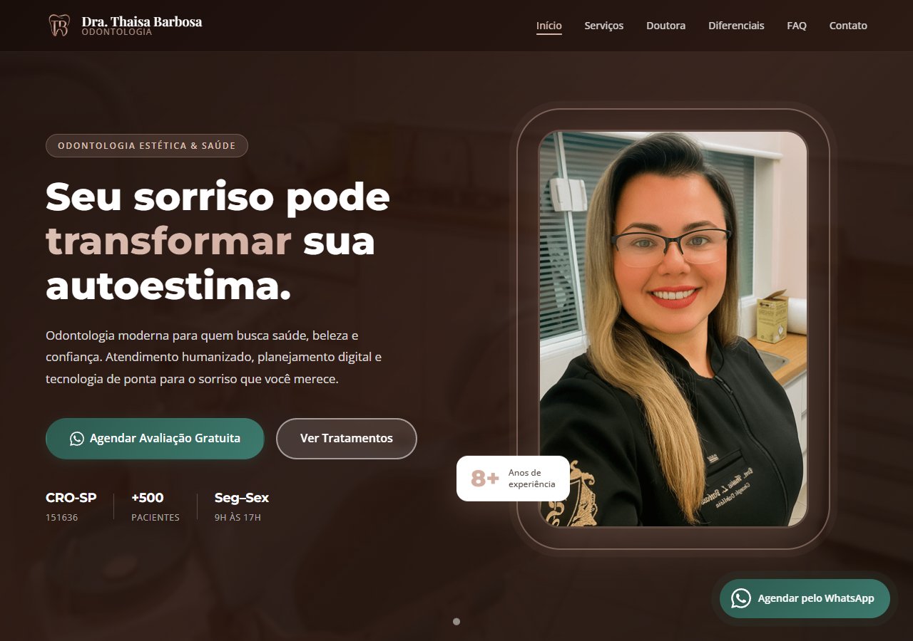 Site da Dra. Thaisa Barbosa, cirurgiã dentista, criado pela Valkhan Tech